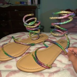 Wrap around rainbow rhinestone sandals